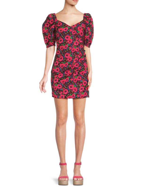 ba&sh Floral Puff Sleeve Mini Faux Wrap Dress